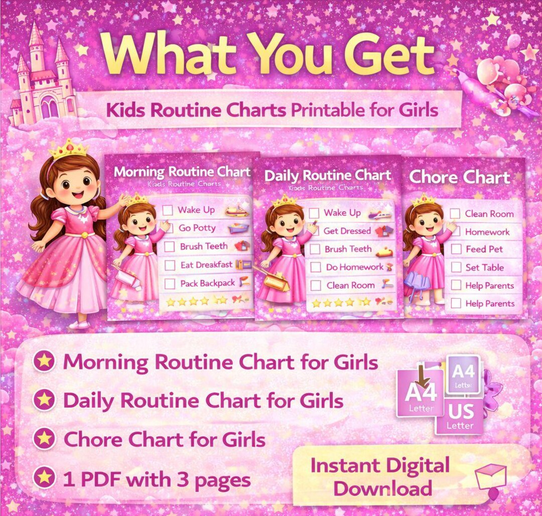 Printable Kids Routine Chart for Girls – Morning Routine, Daily Routine ...