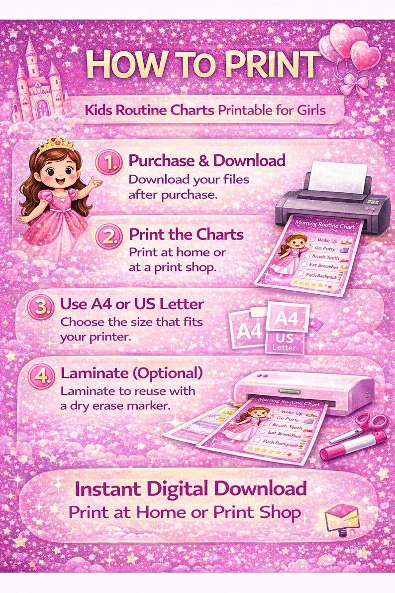 Girls Morning Routine Flowchart Printable Kids Routine Chart for Girls – Morning Routine, Daily Routine ...