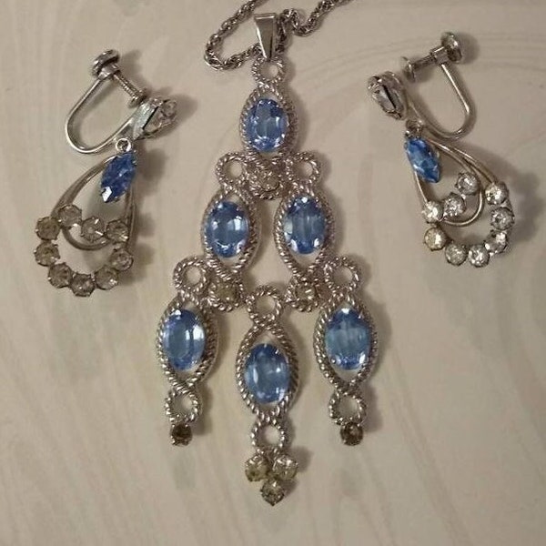 Choose one or both sterling silver signed Van Dell lavaliere pendant, signed Carl Art screw back earrings blue spinel and rhinestones