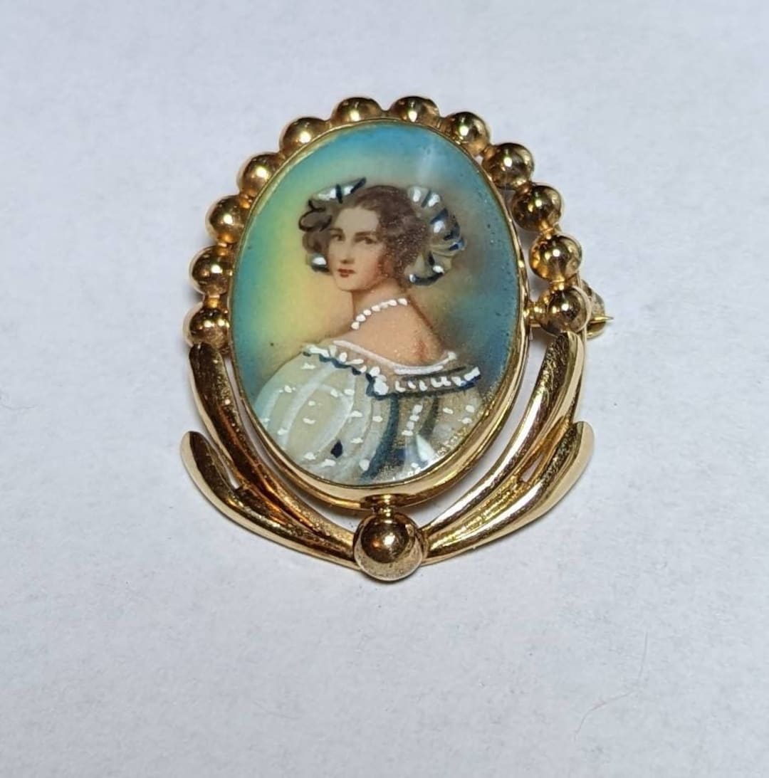 Gold Filled Portrait Brooch Carl Art Signed Lovely Lady Hand Painted ...