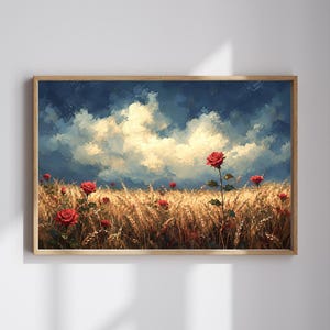 Stampa artistica da parete raffigurante un campo di grano con rose rosse, dipinto botanico con cielo tempestoso e suggestivo, paesaggio drammatico (download digitale)