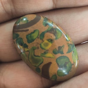 Könnte beinhalten: Ein ovaler Edelstein mit polierter Oberfläche. Der Stein weist ein gesprenkeltes Muster aus grünen, gelben und braunen Farbtönen auf. Oben ist eine dunkelbraune Wirbel sichtbar. Der Edelstein wird in einer Hand gehalten.