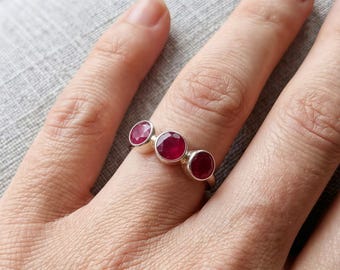 Natural Ruby Sterling Silver Ring, three gemstone, casual wear ring, july birthstone, gift ring