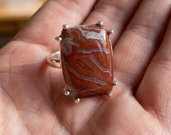 Natural Agate Ring in 925 Sterling Silver, Large Rectangle Banded Agate Statement Ring, Handmade Gemstone Jewelry, Boho Ring for Her