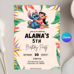 Lilo and Stitch Birthday Invitation | Editable Hawaiian Party Invite | Beautiful Invitation for Your Little One&#39;s Birthday | lilo and stitch