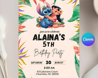 Invitación de cumpleaños de Lilo y Stitch: Fiesta hawaiana editable (Descarga digital)