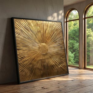 Radiant Gold Sunburst Canvas Wall Art, Metallic Texture Abstract Canvas, Modern Luxury Home Decor, Shimmering Sun Rays Design