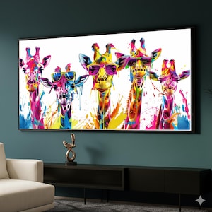 Colorful Giraffes with Sunglasses Canvas, Pop Art Animal Wall Decor, Vibrant Paint Splash Canvas, Fun Wildlife Illustration, Ready to Hang