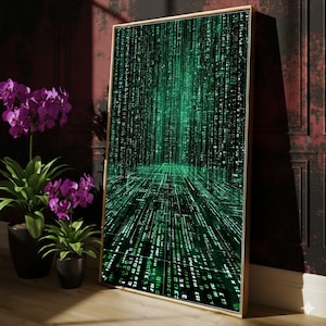 Futuristic Digital Matrix Code Canvas, Cyber Tech Wall Art, Abstract Data Stream Artwork, Green Binary Code Canvas, Modern Home Decor