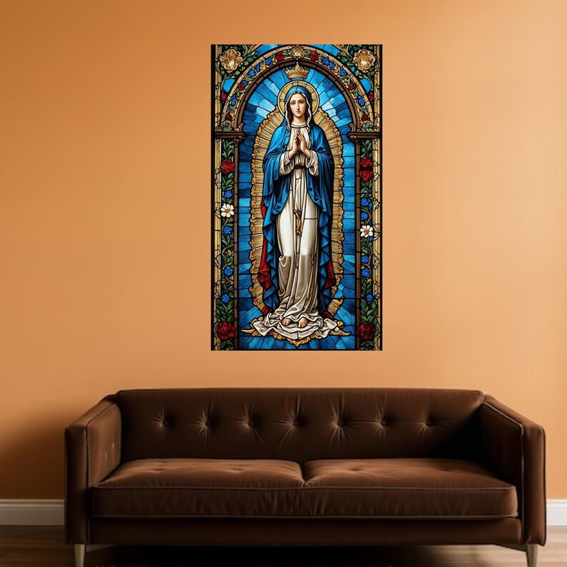 Virgin Mary Stained Glass Canvas, Religious Wall Art, Catholic ...