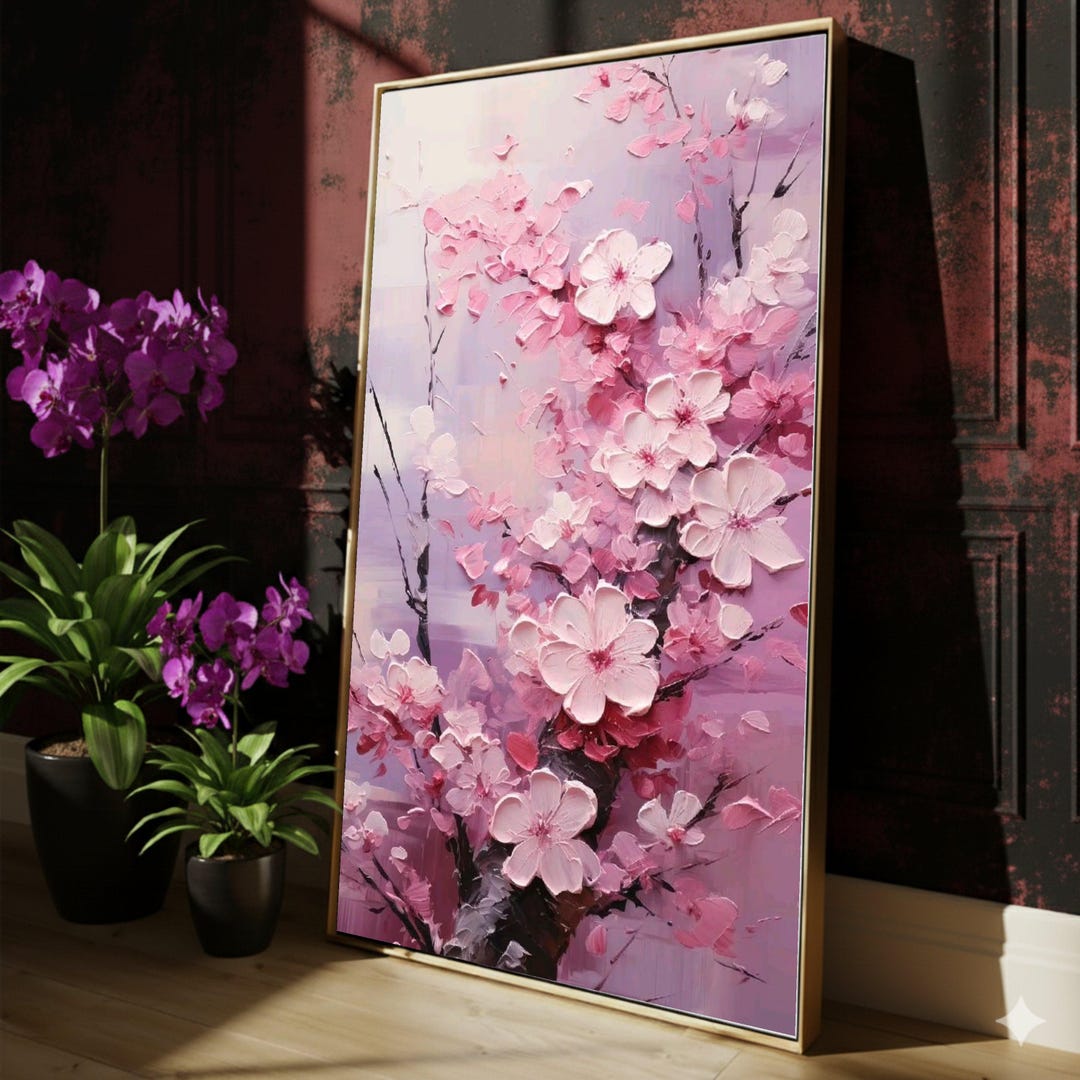 Pink Cherry Blossom Canvas Wall Art, Floral Texture Painting, Spring ...