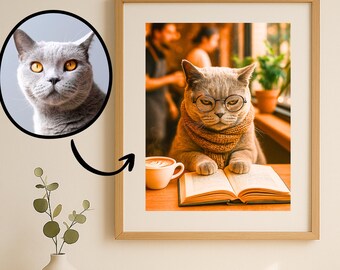 Custom Cat Portrait from Photo, Funny Cat Reading Book Wall Art, Book Lover Pet Gift, Digital Download
