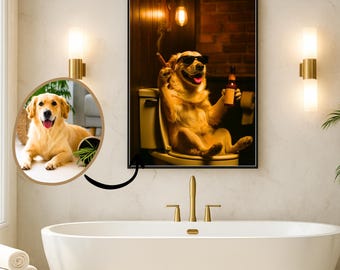 Puede incluir: Un cuadro enmarcado con un golden retriever con gafas de sol, fumando un cigarro y sosteniendo una botella de cerveza mientras está sentado en un inodoro. Una imagen más pequeña de un golden retriever está en la esquina.