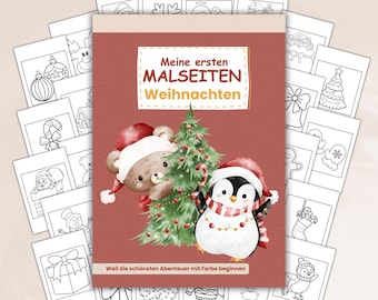 May include: A Christmas-themed coloring book titled "Meine ersten Malseiten Weihnachten" with a red cover. The cover features a bear and penguin wearing Santa hats, a Christmas tree, and the text "Well die schönsten Abenteuer mit Farbe beginnen."
