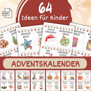 Puede incluir: Una descarga digital de un calendario de adviento navideño con 64 ideas para niños. El diseño incluye tarjetas ilustradas con temas festivos como la decoración de adornos y la elaboración de estrellas de papel. El texto incluye "Calendario de Adviento" e "Ideas para niños".