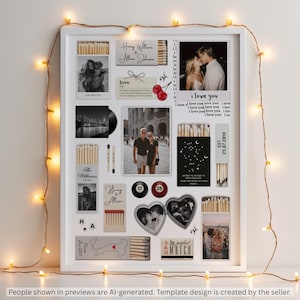 Puede incluir: Un collage enmarcado en blanco que incluye varias fotograf&iacute;as, cajas de cerillas con texto personalizado, un marco en forma de coraz&oacute;n, bolas de billar numeradas 17 y 25, rodeado por una guirnalda de luces c&aacute;lidas.