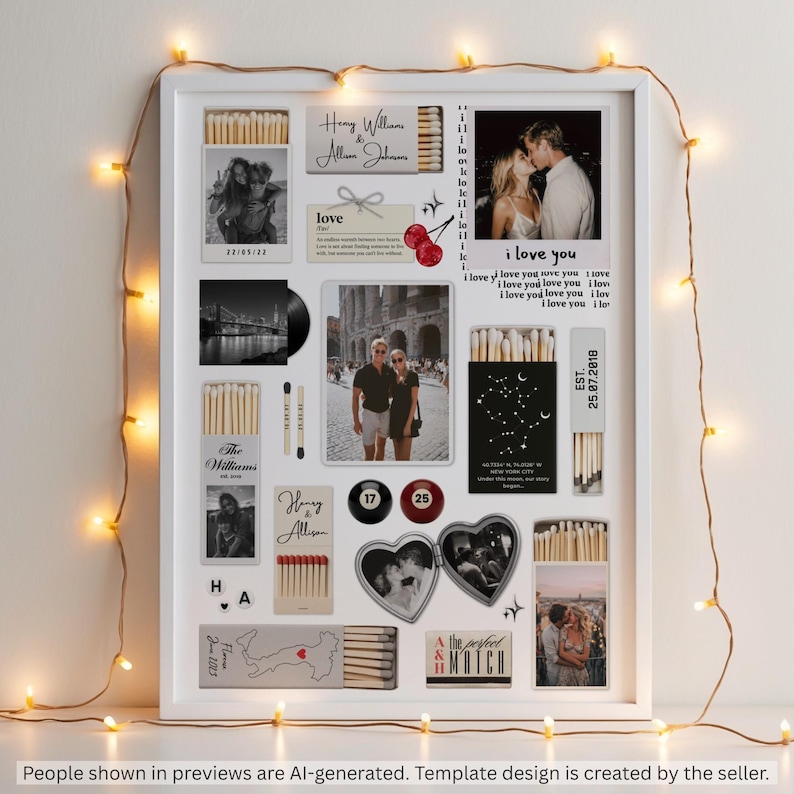 Puede incluir: Un collage enmarcado en blanco que incluye varias fotograf&iacute;as, cajas de cerillas con texto personalizado, un marco en forma de coraz&oacute;n, bolas de billar numeradas 17 y 25, rodeado por una guirnalda de luces c&aacute;lidas.