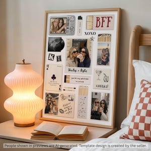 May include: A rectangular collage print in a light wood frame featuring multiple photographs of two people, illustrations of matchboxes, a playing card with a club symbol, and text including BFF, XOXO, Hailey + Kylie, and Cheers.