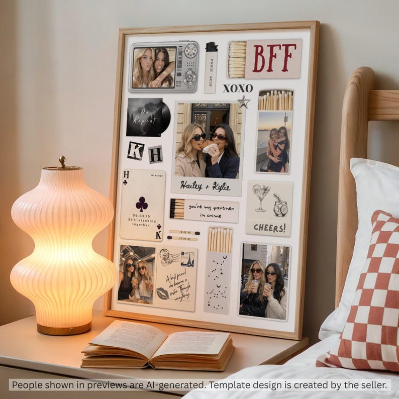 May include: A rectangular collage print in a light wood frame featuring multiple photographs of two people, illustrations of matchboxes, a playing card with a club symbol, and text including BFF, XOXO, Hailey + Kylie, and Cheers.