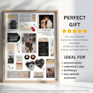 Puede incluir: Un collage enmarcado que presenta m&uacute;ltiples cajas de cerillas con impresiones fotogr&aacute;ficas personalizadas, texto y fechas. La composici&oacute;n incluye fotograf&iacute;as en blanco y negro y a color, un relicario en forma de coraz&oacute;n, dos bolas de billar numeradas 17 y 25, e ilustraciones de cerezas.