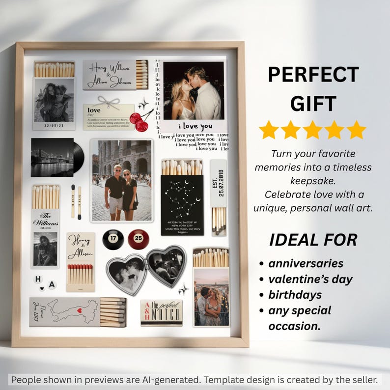 Puede incluir: Un collage enmarcado que presenta m&uacute;ltiples cajas de cerillas con impresiones fotogr&aacute;ficas personalizadas, texto y fechas. La composici&oacute;n incluye fotograf&iacute;as en blanco y negro y a color, un relicario en forma de coraz&oacute;n, dos bolas de billar numeradas 17 y 25, e ilustraciones de cerezas.