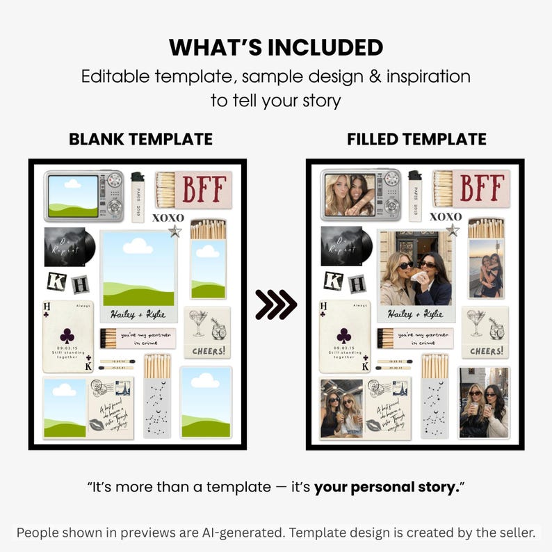 May include: A digital collage template featuring a blank version and a filled version with photos. Elements include a vintage television, matchboxes labeled BFF, playing cards, envelopes, and drink illustrations. Text includes "WHAT'S INCLUDED", "BLANK TEMPLATE", "FILLED TEMPLATE", and "It's more than a template &mdash; it's your personal story."