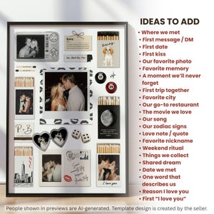 May include: A framed collage featuring multiple photographs, matchboxes with custom designs, dice, billiard balls, and text elements. The display includes a camera-shaped frame, a heart-shaped locket, and a list of text ideas titled IDEAS TO ADD.