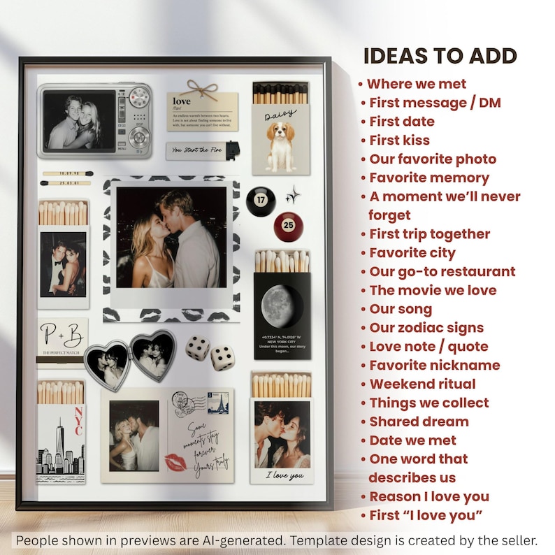 May include: A framed collage featuring multiple photographs, matchboxes with custom designs, dice, billiard balls, and text elements. The display includes a camera-shaped frame, a heart-shaped locket, and a list of text ideas titled IDEAS TO ADD.