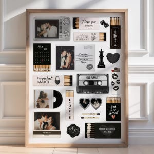 May include: A framed collage with romantic themes. It features photos, a vintage camera, a cassette tape, a vinyl record, and matchboxes with text such as "I love you" and "You are special." The color scheme is black, white, and brown.