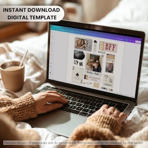 May include: A digital template displayed on a laptop screen featuring a collage of photos, text, and graphic elements including a vintage television, playing cards, matchboxes, and the text BFF, XOXO, Hailey + Kylie, and CHEERS.