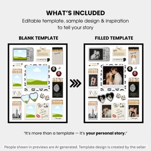 May include: An editable digital template featuring a blank layout on the left and a filled example on the right. The design includes various graphic elements like matchboxes, polaroid frames, heart-shaped lockets, dice, and text boxes. The text reads WHAT'S INCLUDED, BLANK TEMPLATE, FILLED TEMPLATE, and It's more than a template &mdash; it's your personal story.