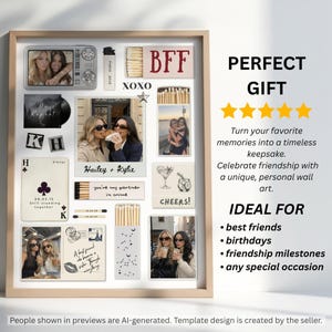 May include: A framed collage featuring multiple photographs of two people, matchboxes with text like BFF and you're my partner in crime, a playing card with the text 09.03.15 Still standing together, and text reading PERFECT GIFT, IDEAL FOR, and more.