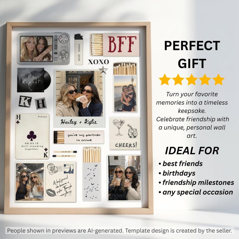 May include: A framed collage featuring multiple photographs of two people, matchboxes with text like BFF and you're my partner in crime, a playing card with the text 09.03.15 Still standing together, and text reading PERFECT GIFT, IDEAL FOR, and more.