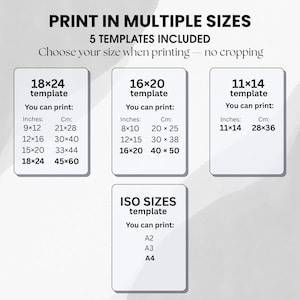 May include: Image showing print size options. Text reads "PRINT IN MULTIPLE SIZES" and "5 TEMPLATES INCLUDED." Includes templates for 18x24, 16x20, 11x14 inches, and ISO sizes A2, A3, and A4. Each template lists corresponding inch and centimeter measurements.