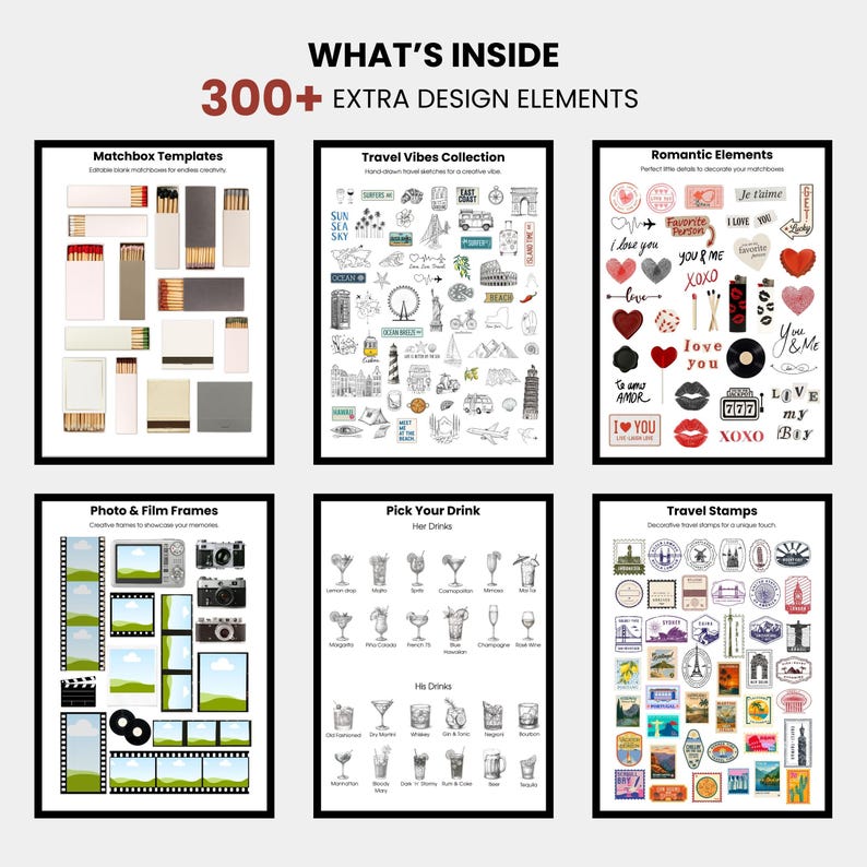 May include: A collection of design elements, including matchbox templates, travel-themed illustrations, romantic elements, photo frames, drink illustrations, and travel stamps. The image includes the text "WHAT'S INSIDE 300+ EXTRA DESIGN ELEMENTS."