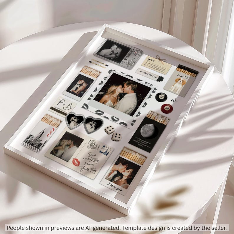May include: A white shadow box frame containing a collection of matchboxes, heart-shaped lockets, dice, and polaroid-style photographs. The items feature various prints including a moon, a city skyline, a dog, and text such as P+B and I love you.