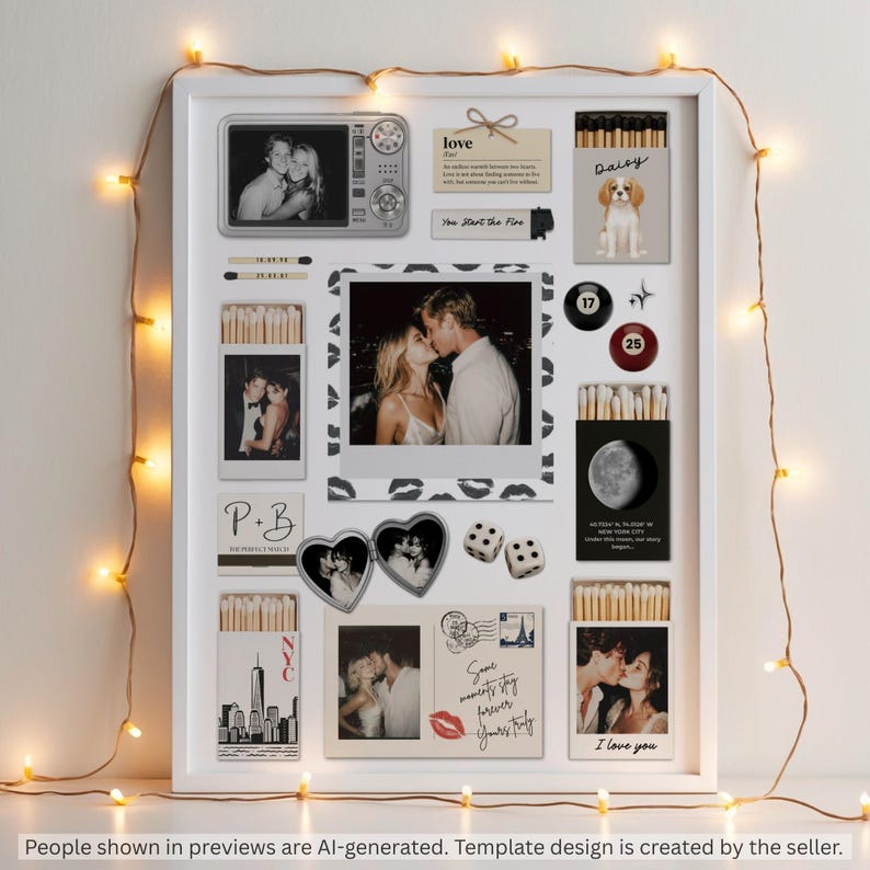 May include: A white framed collage featuring multiple black and white photographs, matchboxes with custom labels, a heart-shaped locket, two dice, and billiard balls numbered 17 and 25. The display includes text elements like love, NYC, and handwritten notes.