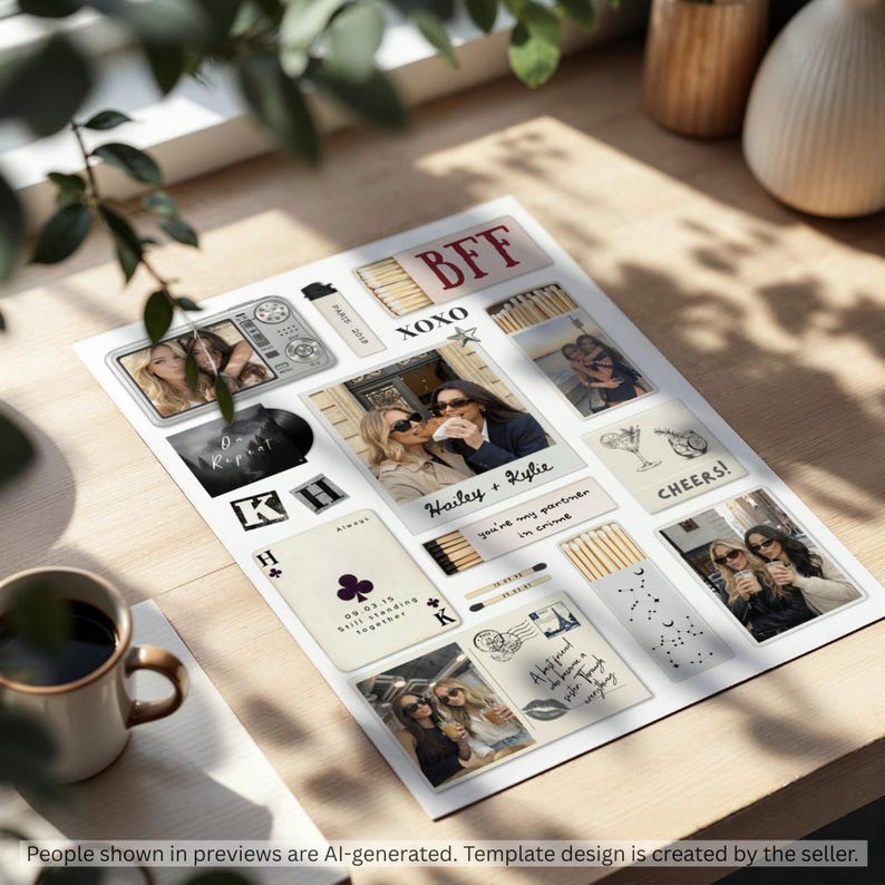 May include: A collage print featuring multiple rectangular photo frames, matchbox designs with the text BFF, playing card graphics with the letter K, and handwritten notes saying Hailey + Kylie and you're my partner in crime, all on a white sheet.