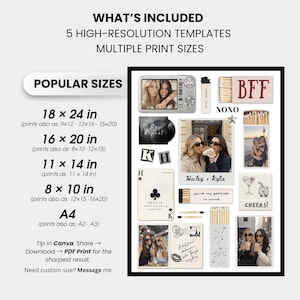 May include: A digital print template with various sizes, including 18x24 inches, featuring photo collages, text, and graphics. The design includes the text "BFF", "XOXO", and "Cheers!" along with other text and images.