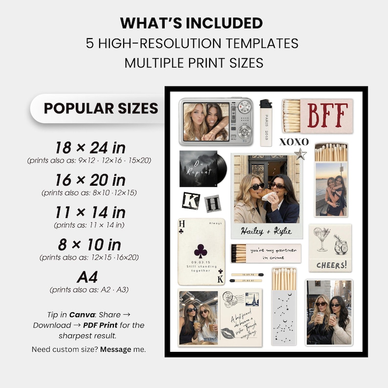 May include: A digital print template with various sizes, including 18x24 inches, featuring photo collages, text, and graphics. The design includes the text "BFF", "XOXO", and "Cheers!" along with other text and images.
