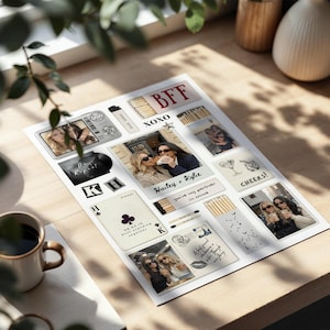 May include: A white sheet of stickers with photos, text, and illustrations. The sheet includes the text "BFF", "XOXO", "Cheers!", and "Hailey + Kylie". Other images include playing cards, a vintage camera, and a cocktail glass.