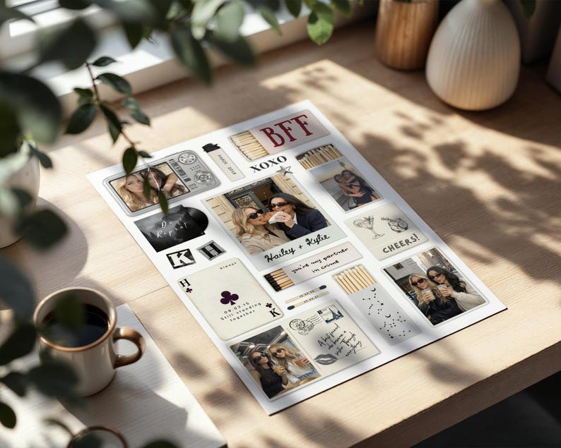 May include: A white sheet of stickers with photos, text, and illustrations. The sheet includes the text "BFF", "XOXO", "Cheers!", and "Hailey + Kylie". Other images include playing cards, a vintage camera, and a cocktail glass.