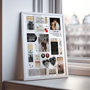 May include: A white framed collage featuring photographs, matchboxes, and decorative elements. The collage includes photos of couples, the text "I love you", and the date "25.07.2018".