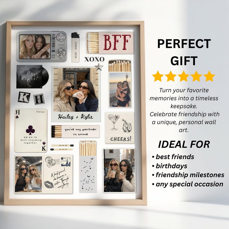 May include: A framed collage featuring photos, matchboxes with text, and playing cards. The text includes "BFF", "XOXO", "Hailey + Kylie", and "Cheers!". The collage is a perfect gift for best friends and special occasions.
