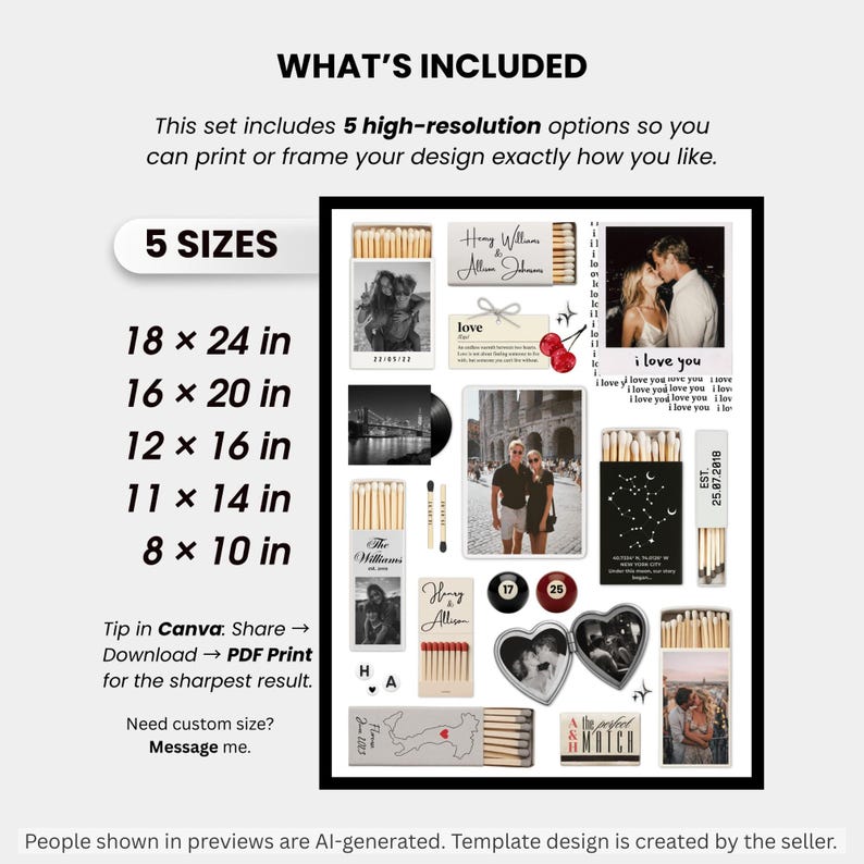 Puede incluir: Una plantilla de collage digital con dise&ntilde;os de cajas de cerillas, marcos de fotos estilo polaroid y elementos de texto. El dise&ntilde;o incluye cinco tama&ntilde;os: 45,7 x 61 cm, 40,6 x 50,8 cm, 30,5 x 40,6 cm, 27,9 x 35,6 cm y 20,3 x 25,4 cm en blanco y negro.
