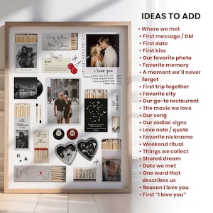 May include: A framed collage with photos, matchboxes, and decorative elements. Includes photos of a couple, the text "i love you", and the words "Henry Williams & Allison Johnson". The collage is a personalized gift idea.