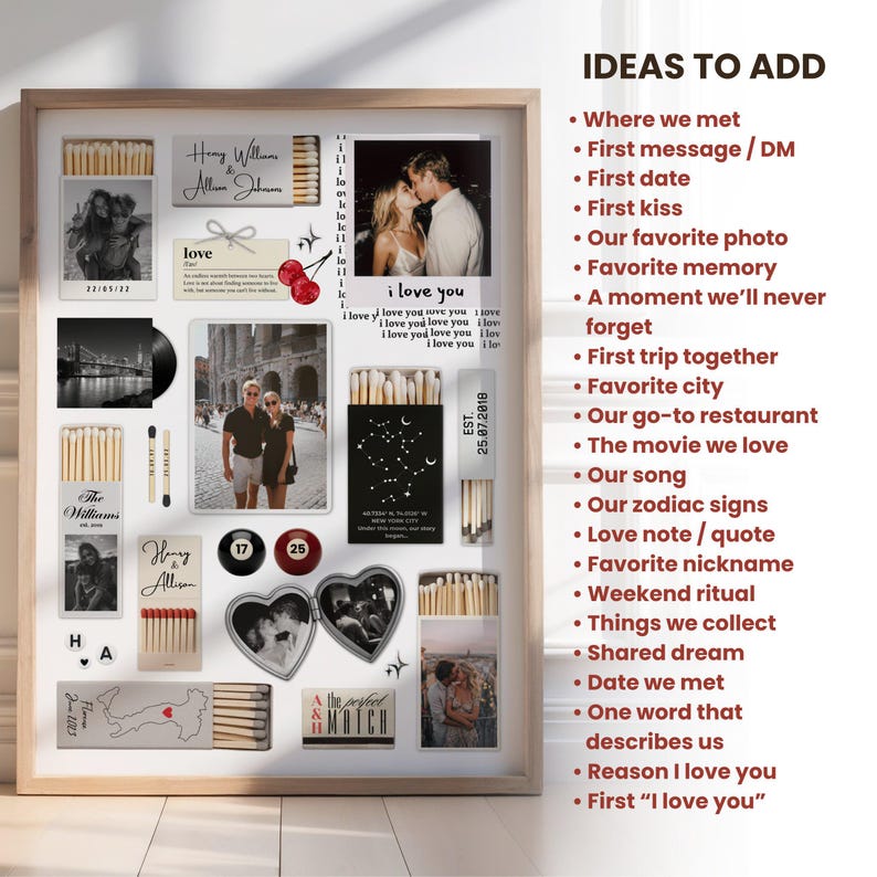 May include: A framed collage with photos, matchboxes, and decorative elements. Includes photos of a couple, the text "i love you", and the words "Henry Williams & Allison Johnson". The collage is a personalized gift idea.