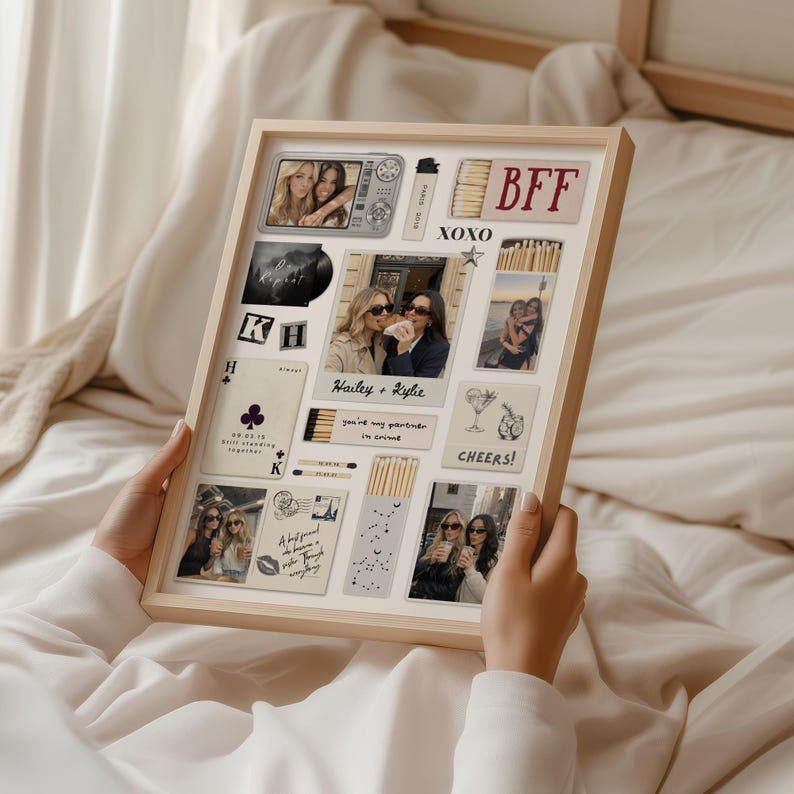 May include: A wooden framed collage featuring multiple photos and decorative elements. The collage includes photos of friends, the word "BFF", and the text "Hailey + Kylie". The overall theme is friendship and memories.