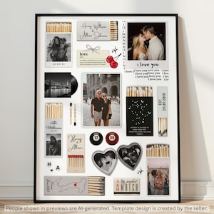 Peut inclure: Un collage encadré présentant plusieurs designs de boîtes d'allumettes, des photographies en noir et blanc de couples, du texte incluant "Henry Williams & Allison Johnson", "love", "The Williams" et "A&H the perfect match", ainsi que des icônes.