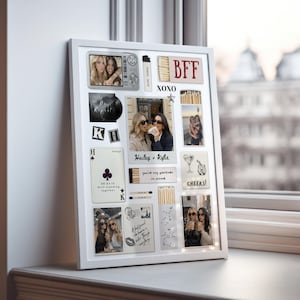 May include: A white framed collage featuring multiple photos and decorative elements. The collage includes photos of friends, the letters "BFF" and "XOXO", playing card imagery, and the words "Cheers!" and "Hailey + Kylie". The collage is displayed on a windowsill.